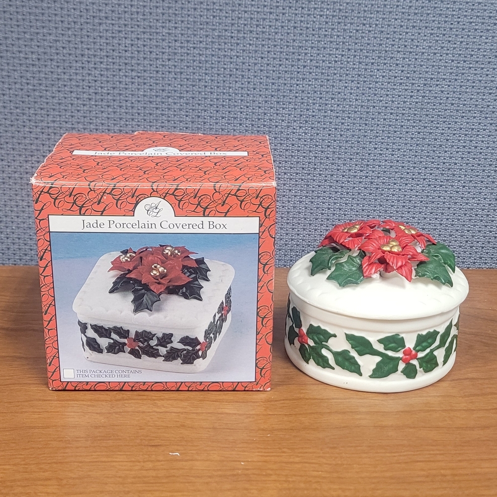 Vintage Porcelain Trinket Box with Red and Green Holiday Floral Accents - 1999